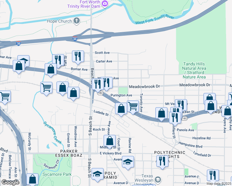 map of restaurants, bars, coffee shops, grocery stores, and more near 2516 Harwood Street in Fort Worth
