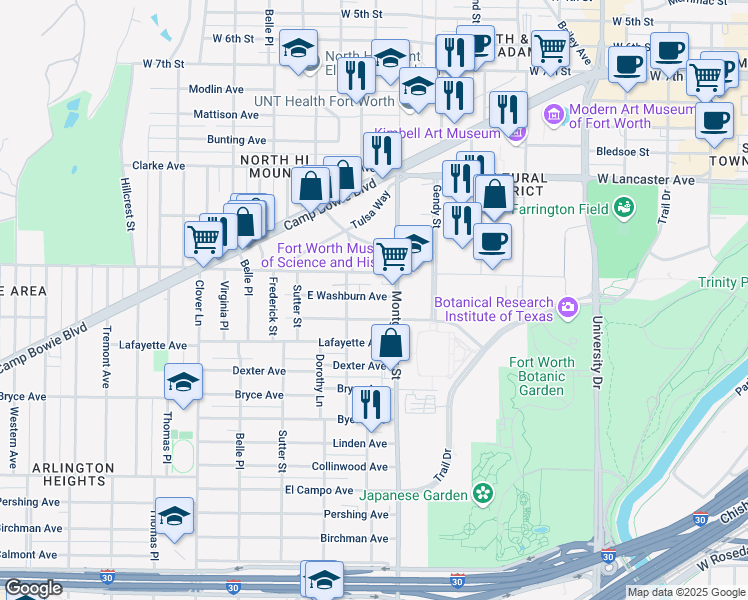 map of restaurants, bars, coffee shops, grocery stores, and more near 3612 East Washburn Avenue in Fort Worth