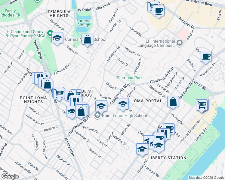 map of restaurants, bars, coffee shops, grocery stores, and more near 3625 Curtis Street in San Diego