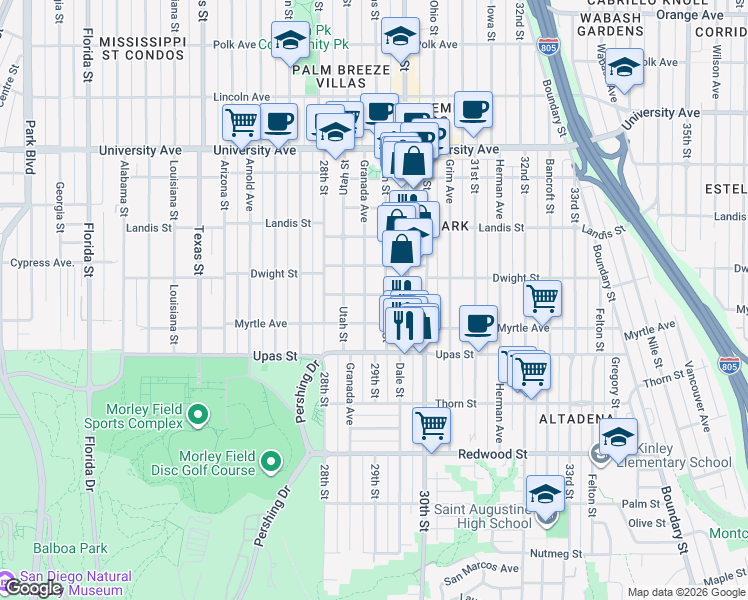 map of restaurants, bars, coffee shops, grocery stores, and more near 2877 Capps Street in San Diego