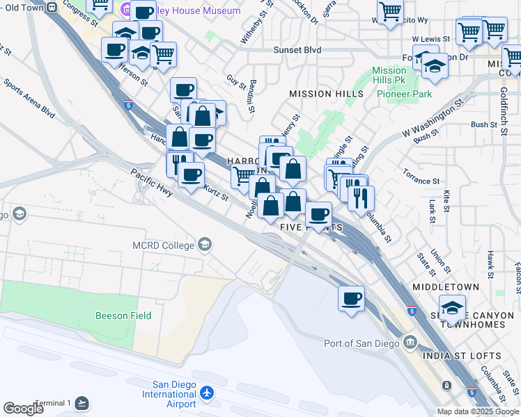 map of restaurants, bars, coffee shops, grocery stores, and more near 1895 Hancock Street in San Diego
