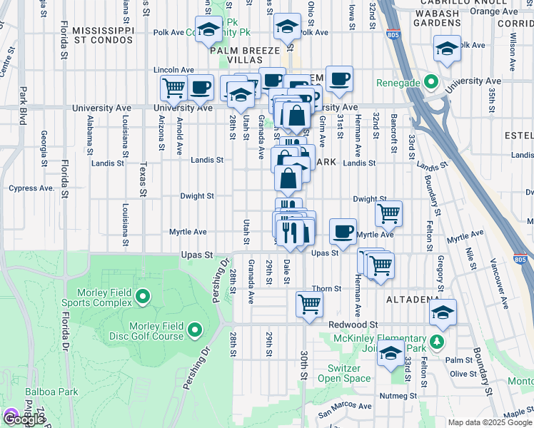 map of restaurants, bars, coffee shops, grocery stores, and more near 3568 Granada Avenue in San Diego