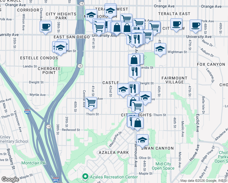 map of restaurants, bars, coffee shops, grocery stores, and more near 3570 Van Dyke Avenue in San Diego