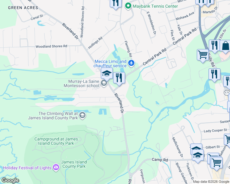map of restaurants, bars, coffee shops, grocery stores, and more near 688 Riverland Drive in Charleston