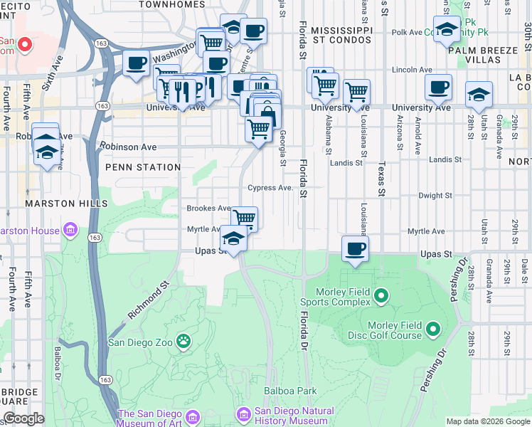 map of restaurants, bars, coffee shops, grocery stores, and more near 3525 Indiana Street in San Diego