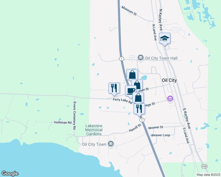 map of restaurants, bars, coffee shops, grocery stores, and more near 299 Greer St in Oil City