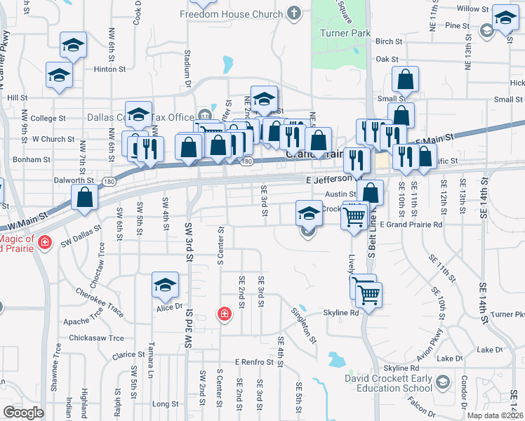 map of restaurants, bars, coffee shops, grocery stores, and more near 310 Southeast Dallas Street in Grand Prairie