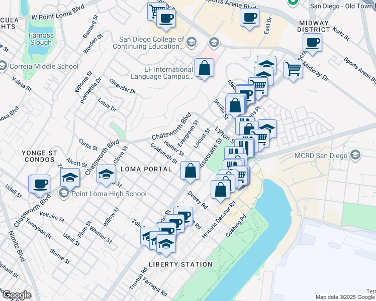 map of restaurants, bars, coffee shops, grocery stores, and more near 3111 Ibsen Street in San Diego