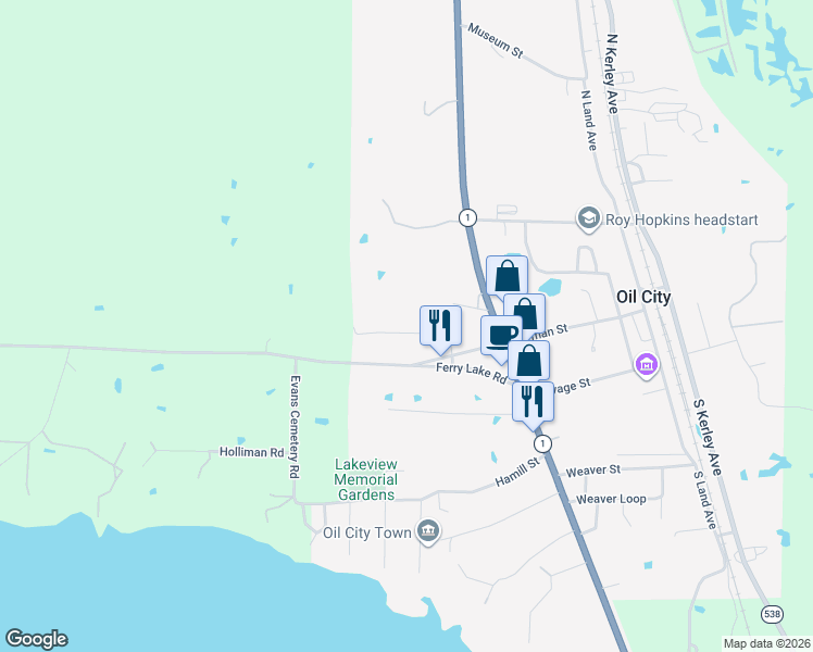 map of restaurants, bars, coffee shops, grocery stores, and more near 112 N Wall St in Oil City