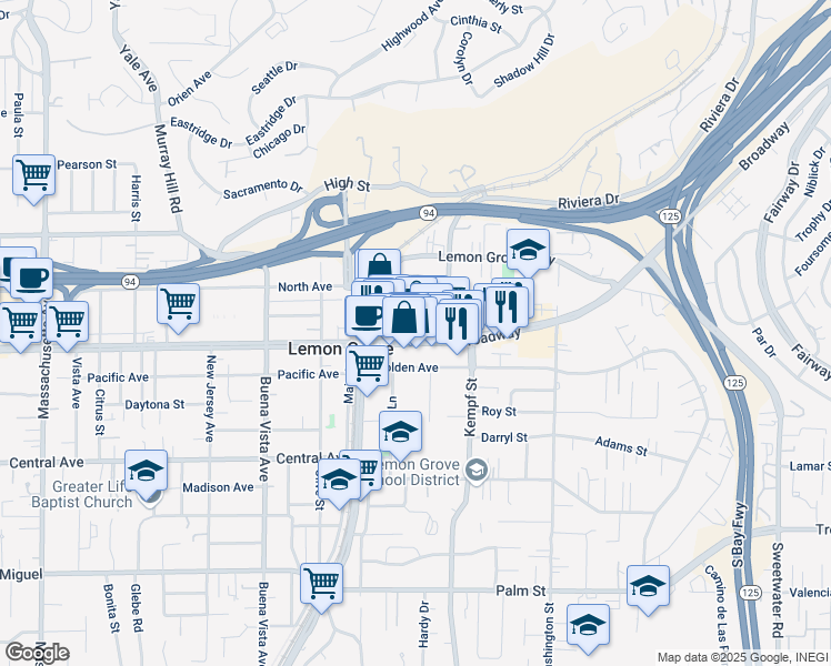map of restaurants, bars, coffee shops, grocery stores, and more near in Lemon Grove