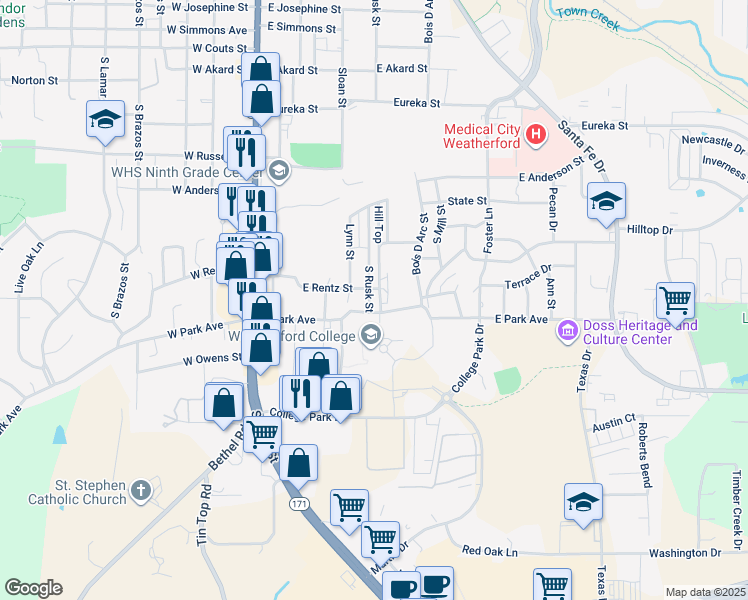 map of restaurants, bars, coffee shops, grocery stores, and more near 1303 South Rusk Street in Weatherford
