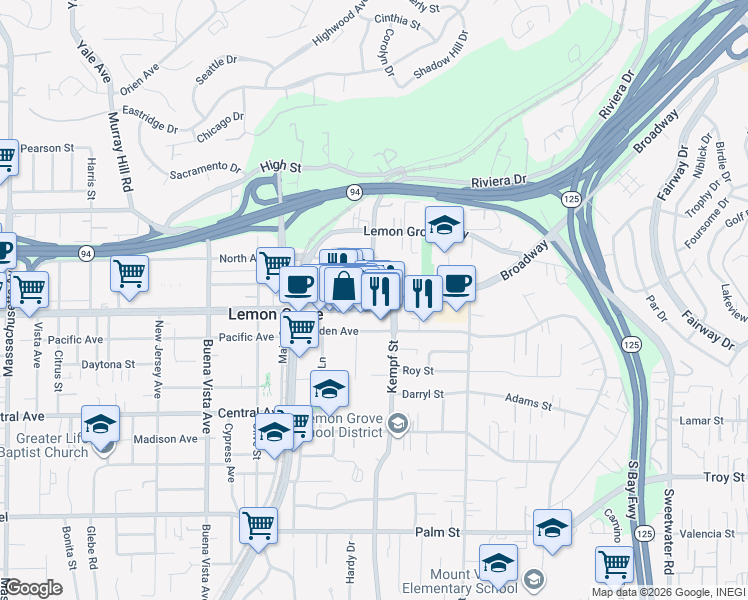 map of restaurants, bars, coffee shops, grocery stores, and more near 7968 Broadway in Lemon Grove