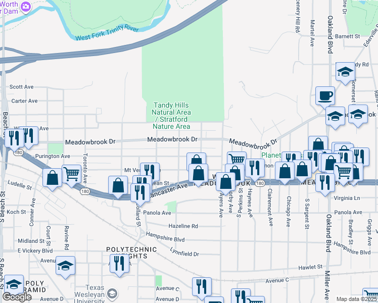 map of restaurants, bars, coffee shops, grocery stores, and more near 3520 Meadowbrook Drive in Fort Worth