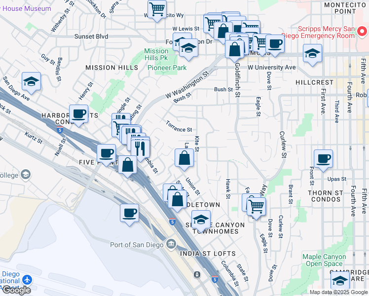 map of restaurants, bars, coffee shops, grocery stores, and more near 3610 Lark Street in San Diego