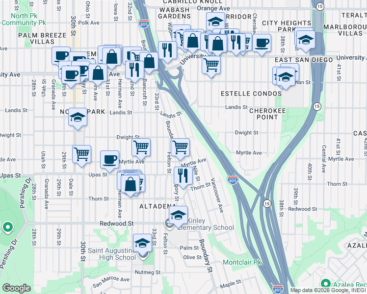 map of restaurants, bars, coffee shops, grocery stores, and more near in San Diego