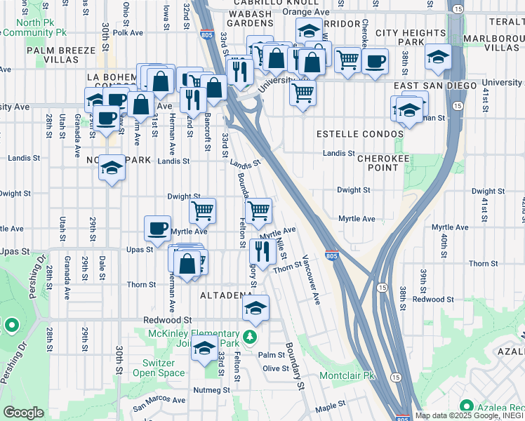 map of restaurants, bars, coffee shops, grocery stores, and more near in San Diego