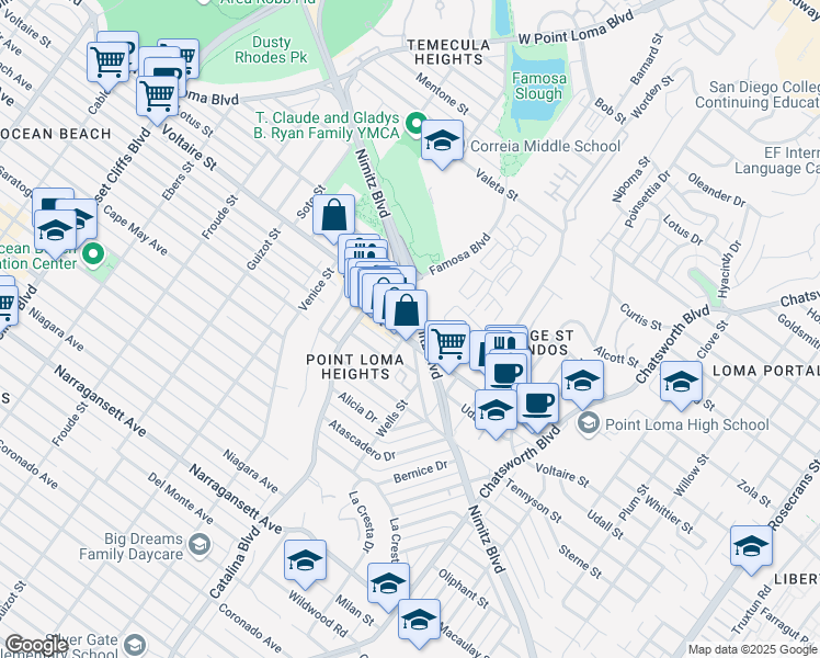 map of restaurants, bars, coffee shops, grocery stores, and more near in San Diego