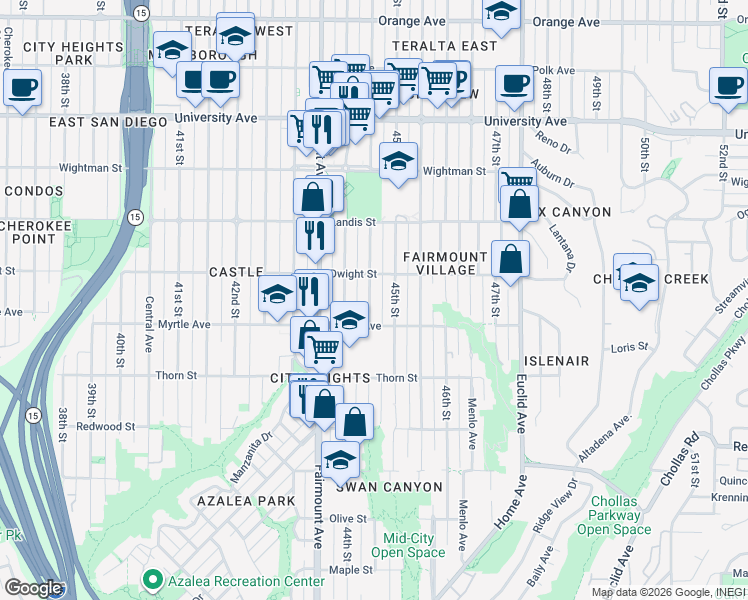 map of restaurants, bars, coffee shops, grocery stores, and more near 3576 Highland Avenue in San Diego