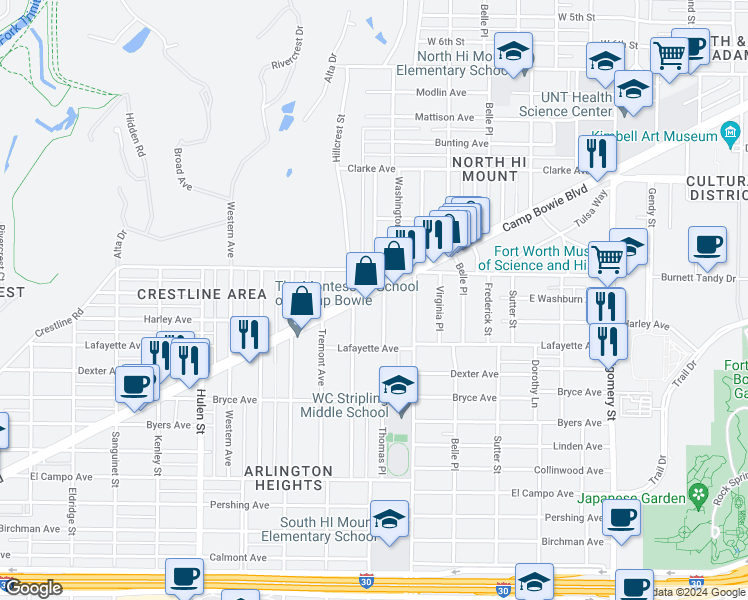 map of restaurants, bars, coffee shops, grocery stores, and more near 4245 Camp Bowie Boulevard in Fort Worth
