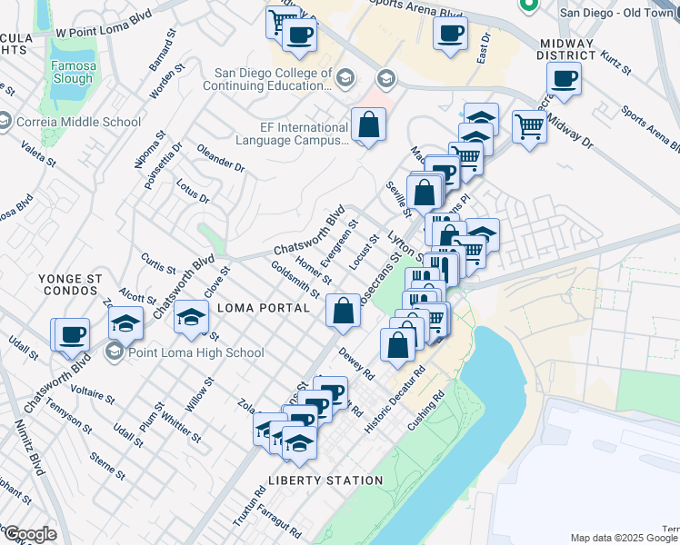 map of restaurants, bars, coffee shops, grocery stores, and more near 3111 Ibsen Street in San Diego