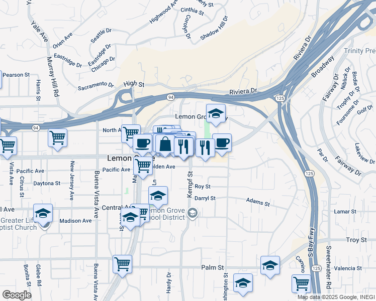 map of restaurants, bars, coffee shops, grocery stores, and more near 3465 Grove Street in Lemon Grove