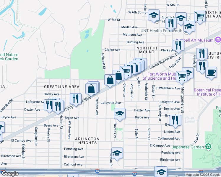 map of restaurants, bars, coffee shops, grocery stores, and more near 4245 Camp Bowie Boulevard in Fort Worth