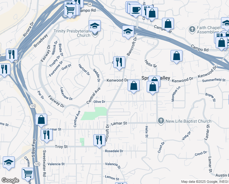 map of restaurants, bars, coffee shops, grocery stores, and more near 8970 Switzer Drive in Spring Valley