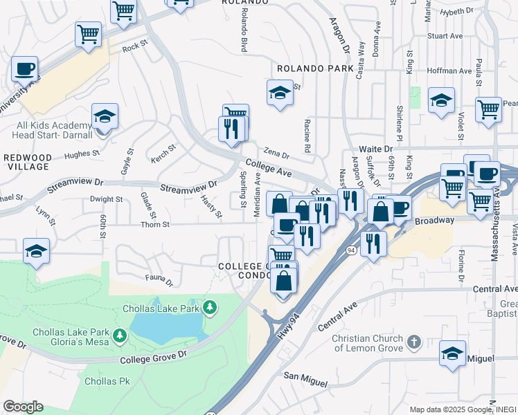 map of restaurants, bars, coffee shops, grocery stores, and more near 6550 College Grove Drive in San Diego