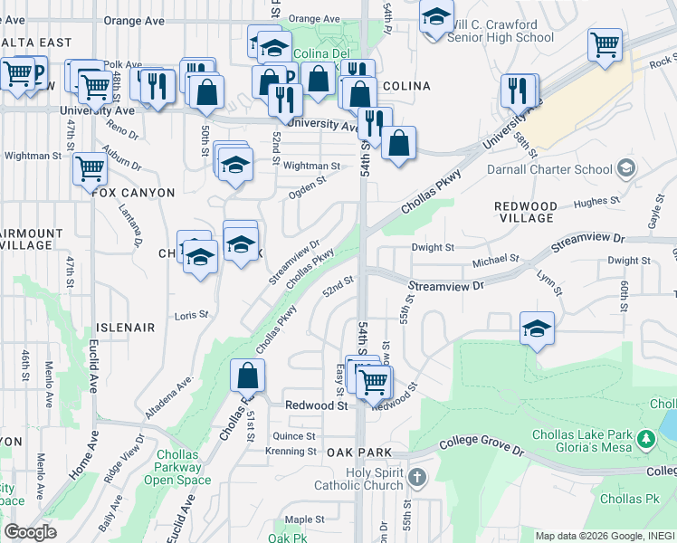 map of restaurants, bars, coffee shops, grocery stores, and more near 5359 Chollas Parkway in San Diego
