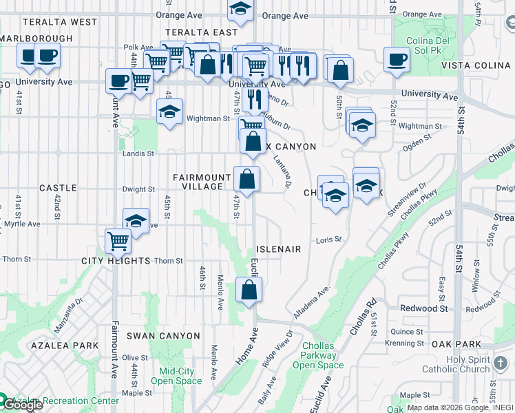 map of restaurants, bars, coffee shops, grocery stores, and more near 4773 Dwight Street in San Diego