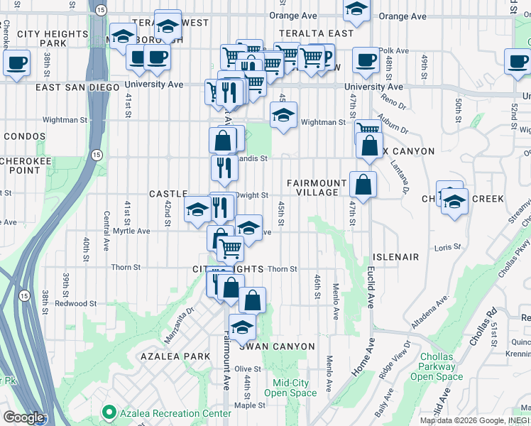 map of restaurants, bars, coffee shops, grocery stores, and more near 3576 Highland Avenue in San Diego