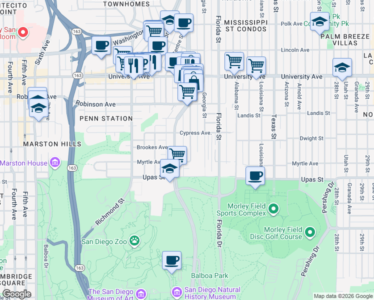 map of restaurants, bars, coffee shops, grocery stores, and more near 3611 Park Boulevard in San Diego
