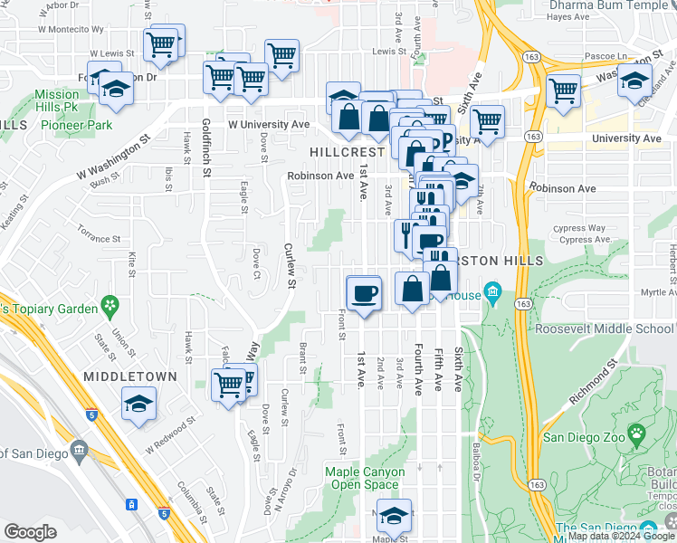map of restaurants, bars, coffee shops, grocery stores, and more near 3606 Front Street in San Diego