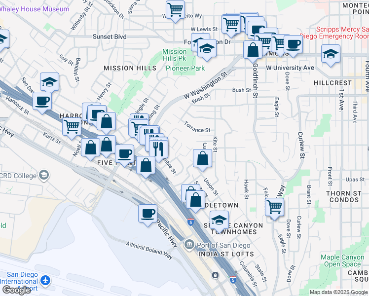 map of restaurants, bars, coffee shops, grocery stores, and more near in San Diego