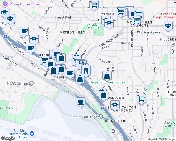 map of restaurants, bars, coffee shops, grocery stores, and more near 3719 Columbia Street in San Diego