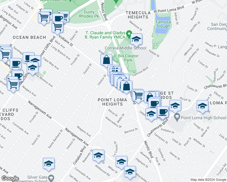 map of restaurants, bars, coffee shops, grocery stores, and more near in San Diego