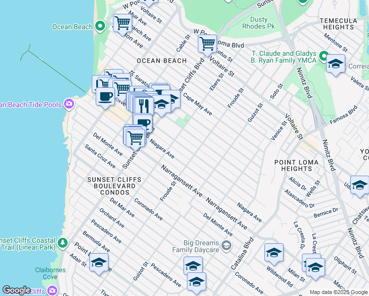 map of restaurants, bars, coffee shops, grocery stores, and more near 4636 Newport Avenue in San Diego