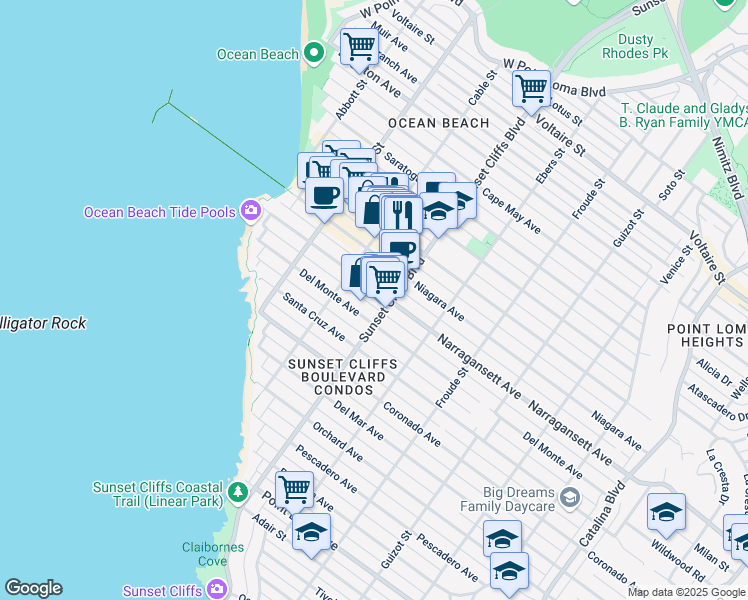map of restaurants, bars, coffee shops, grocery stores, and more near 4873 Narragansett Avenue in San Diego
