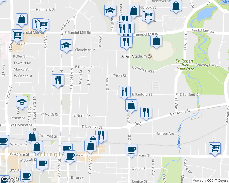 map of restaurants, bars, coffee shops, grocery stores, and more near 609 Truman Street in Arlington