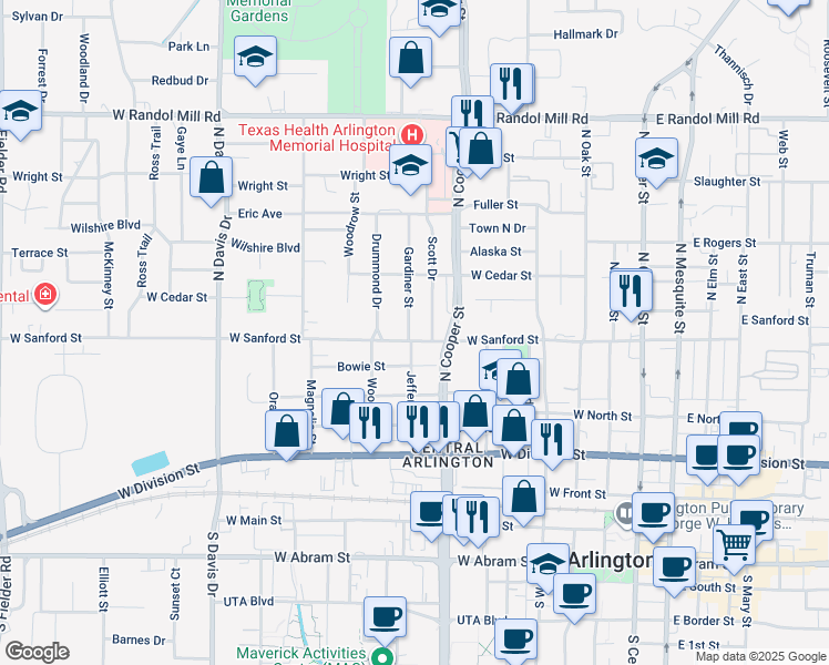 map of restaurants, bars, coffee shops, grocery stores, and more near 706 Gardiner Street in Arlington