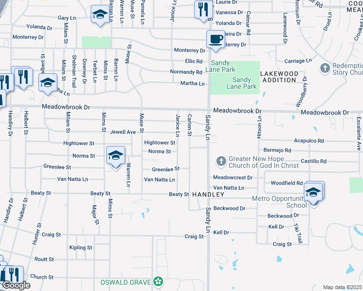 map of restaurants, bars, coffee shops, grocery stores, and more near 2501 Janice Lane in Fort Worth