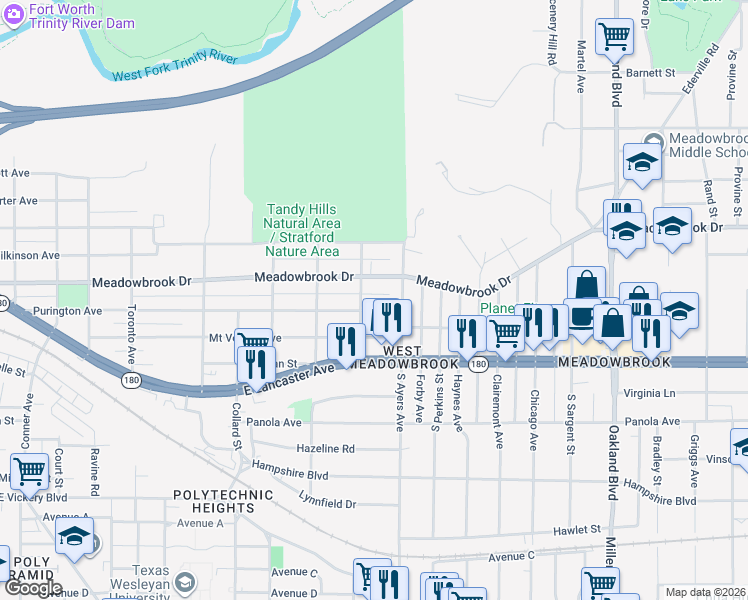 map of restaurants, bars, coffee shops, grocery stores, and more near 3608 Meadowbrook Drive in Fort Worth