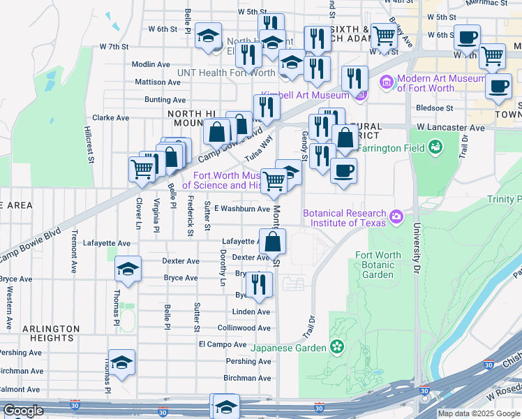map of restaurants, bars, coffee shops, grocery stores, and more near 3612 East Washburn Avenue in Fort Worth