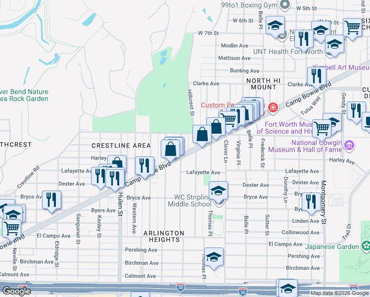 map of restaurants, bars, coffee shops, grocery stores, and more near 1608 Hillcrest Street in Fort Worth