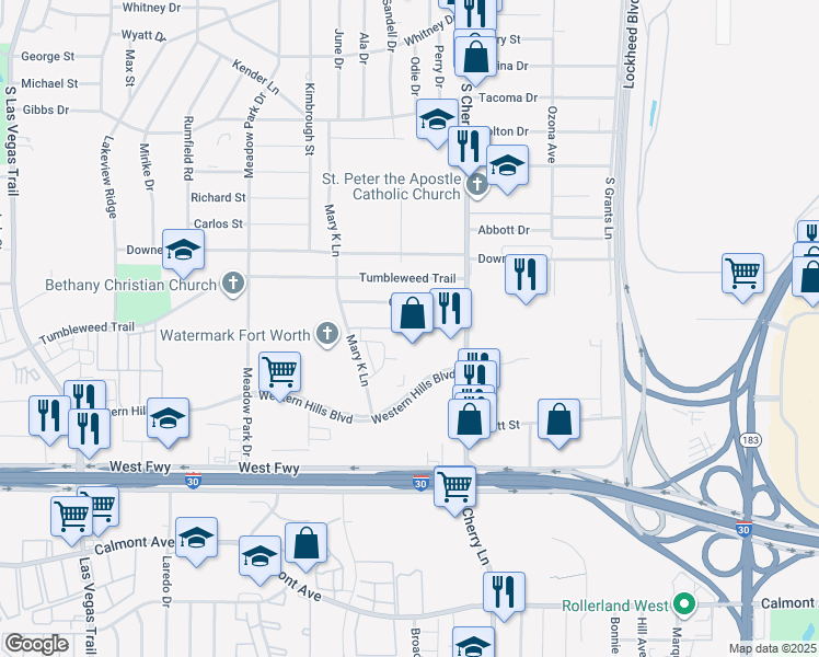 map of restaurants, bars, coffee shops, grocery stores, and more near 7920 Emerald Crest Drive in Fort Worth