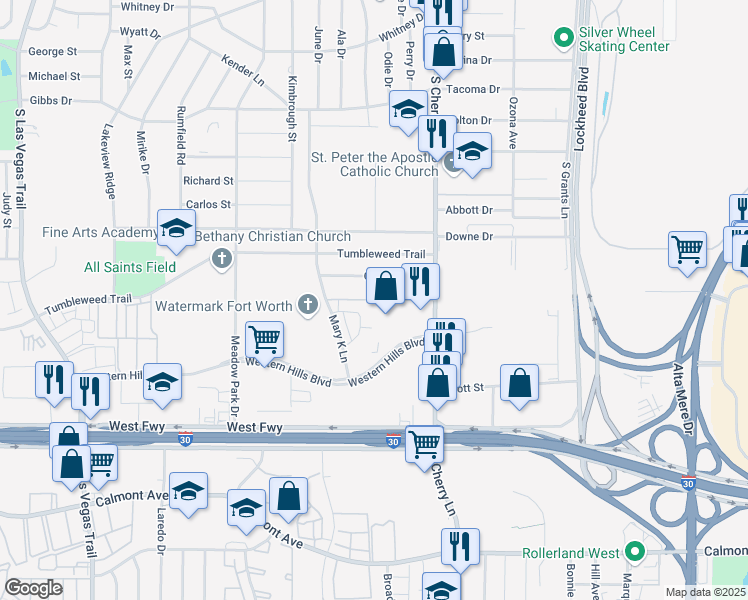 map of restaurants, bars, coffee shops, grocery stores, and more near 8008 Emerald Crest Drive in White Settlement