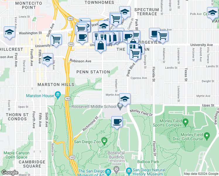 map of restaurants, bars, coffee shops, grocery stores, and more near 1437 Brookes Avenue in San Diego