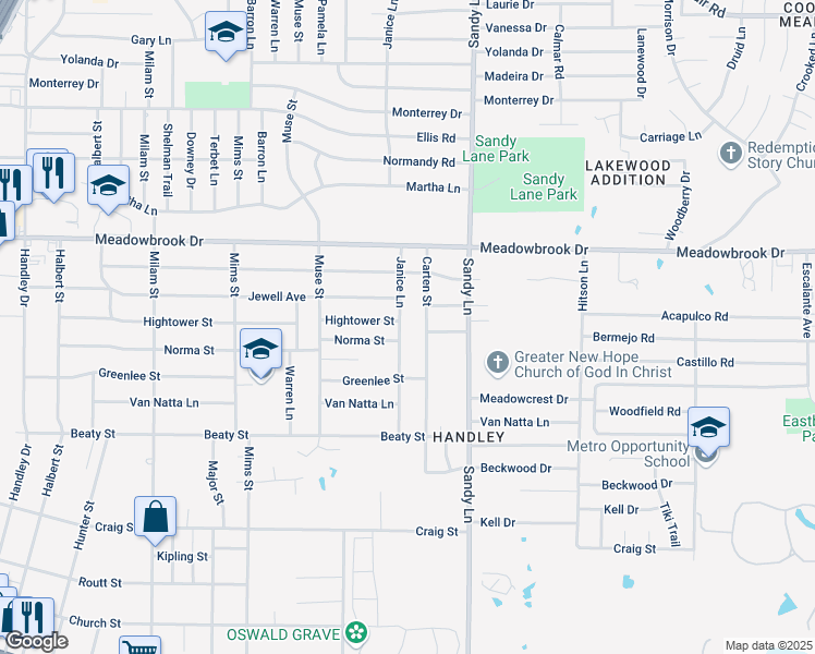 map of restaurants, bars, coffee shops, grocery stores, and more near 2501 Janice Lane in Fort Worth