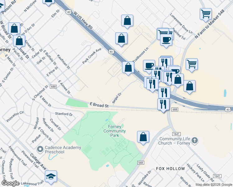map of restaurants, bars, coffee shops, grocery stores, and more near 101 Hunters Circle in Forney