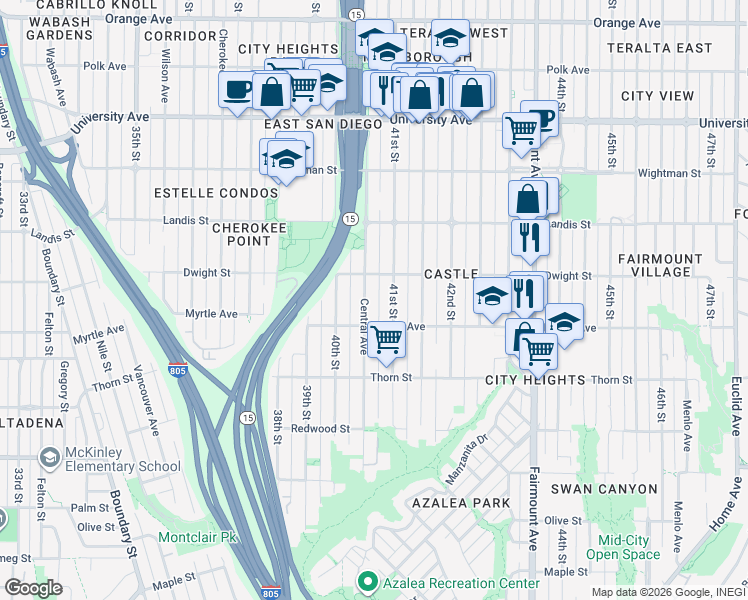 map of restaurants, bars, coffee shops, grocery stores, and more near 3567 Central Avenue in San Diego